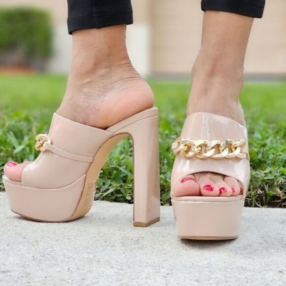 Women's Platform Heeled Mule Open Loafers Nude Color Patent - Picture 1 of 6